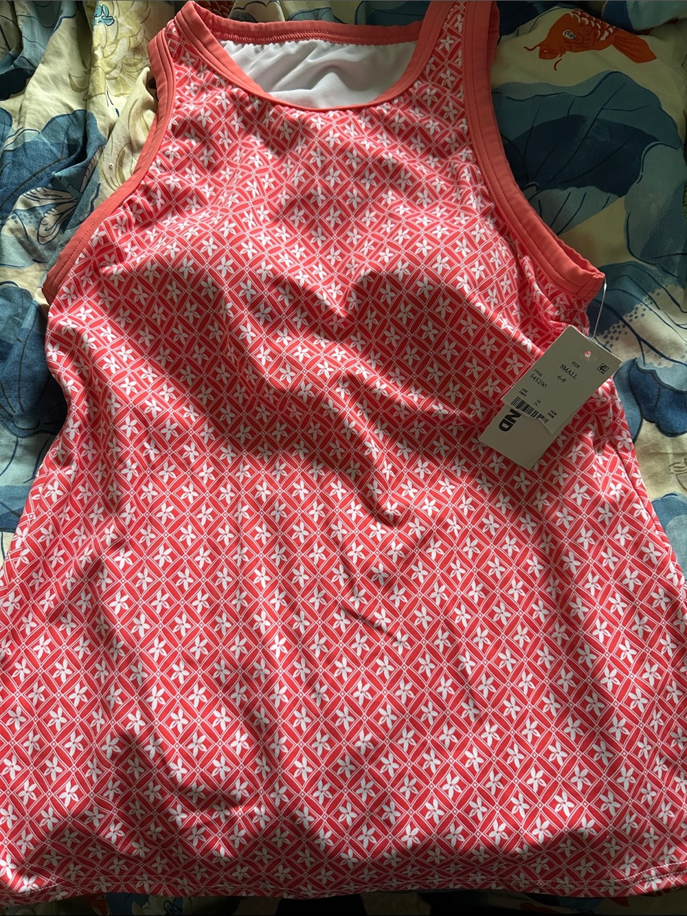 Lands' End Coral and White Geometric Tank Top